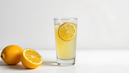 Fototapeta premium A beverage in a clear glass with lemon slices resting atop it, positioned to the left of two whole lemons. The background is plain white, emphasizing the drink's refreshing presentation.