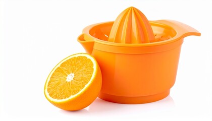 Manual orange juicer with bright orange base, white reamer, and halved citrus fruit on white background for editorial kitchen photography healthy living decor and poetic freshness-themed visuals