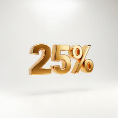 Lustrous 3D Gold "25%" (Twenty-Five Percent) Symbol Floating on a White Background
