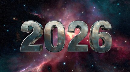 Future visions for the year 2026 seen in a cosmic background filled with stars and galaxies