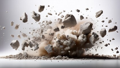 a close up image of a concrete explosion against a white background showing the debris scattering in mid air