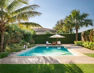 lush backyard with pool seating under umbrella framed by palms and bright green grass