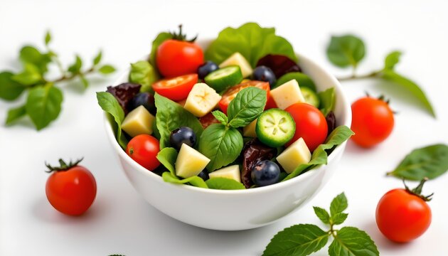 A fresh salad in a white bowl, placed against a backdrop of whole, ripe cherry tomatoes and sprigs of basil