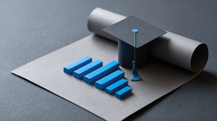 Obraz premium Graduation Cap and Financial Bar Graph on Gray Surface Symbolizing Education and Business Success for Stock Photography Use