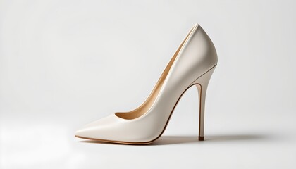 A single high heeled shoe against a plain background, likely for display purposes, showcasing the design of the shoe with a focus on its pointed toe and gold accents.