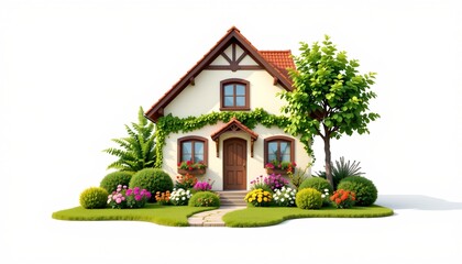 A charming small house nestled amidst a well maintained garden.