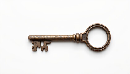 An old fashioned metal key with intricate detailing, lying on white surface.