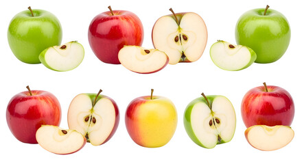 A colorful variety of fresh whole and cut apples, including red, green, and bicolored types, arranged on a seamless white backdrop