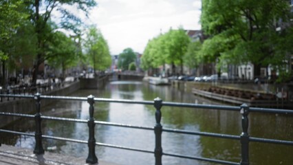 Blurred view of amsterdam canals with trees in the background, emphasizing defocused green leaves and a serene bokeh effect on a bright day in the netherlands.