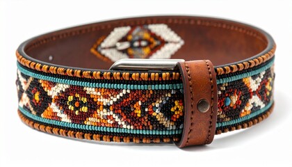 Leather belt with colorful beadwork and geometric patterns for editorial fashion photography cultural accessory design and poetic heritage-themed visuals