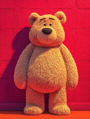 Cute teddy bear on a colorful bedspread in a cozy bedroom during afternoon light