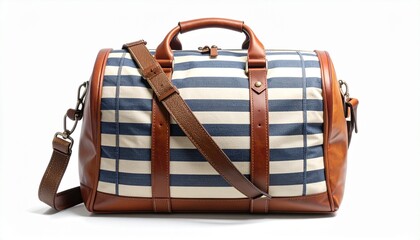 Plaid duffel bag with beige and navy checkered fabric, brown leather accents, and metal hardware for editorial fashion photography travel gear design and poetic utility-themed visuals