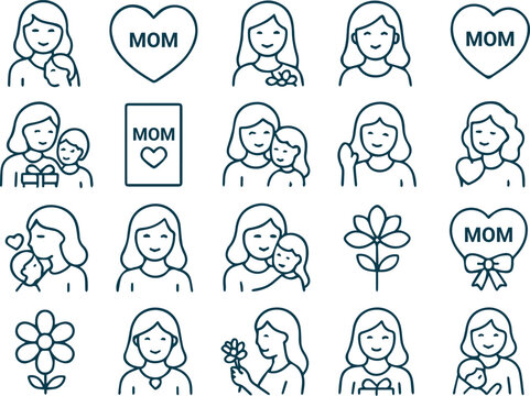 Line art illustration of mothers day icons isolated on white background, showcasing symbols of motherhood, love, and appreciation for maternal figures