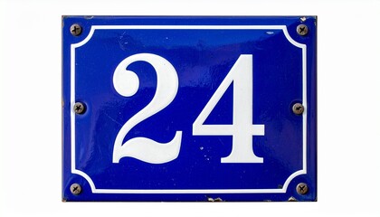 Blue metal house number plaque with white serif “24” and decorative border for editorial signage photography address design and poetic identity-themed visuals