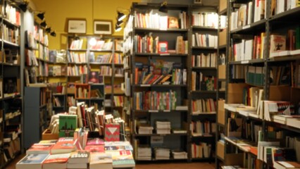 Bookshop shelves and front display table rendered soft and defocused with warm interior bokeh background; background backdrop copyspace calm.