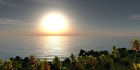 Beautiful beach with palm trees at sunset, panorama of a tropical landscape, sea sunset,
3d rendering