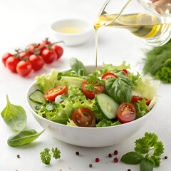 Pouring olive oil over a fresh, vibrant salad with tomatoes