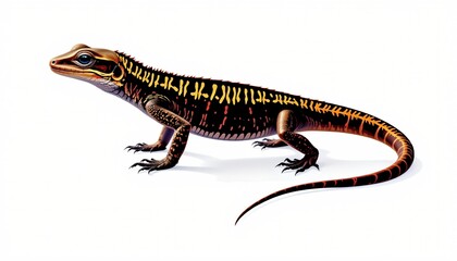 Obraz premium A single lizard with distinctive red and yellow markings on its body standing against a white background.