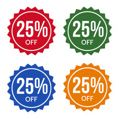25 off discount sticker set collection of four different discount stickers red, green, blue and orange discount stickers