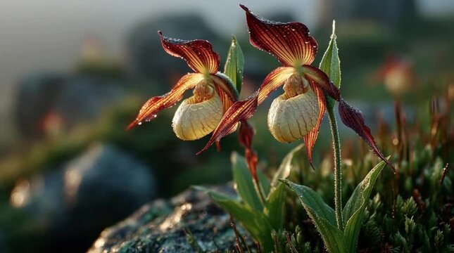 Close-up of two delicate, dew-kissed lady's slipper orchids blooming in their natural alpine habitat, illuminated by soft morning light, showcasing intricate details and vibrant natural beauty
