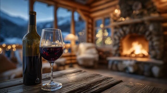 332Bottle and glass of red wine on wooden table, warm glow from rustic stone fireplace illuminating cozy cabin interior, soft shadows adding intimate winter ambiance
