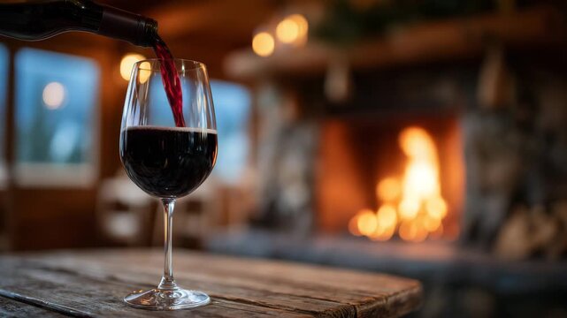 333Close-up of red wine pouring into glass on wooden table, flickering fireplace in background, cozy cabin setting, warm winter evening atmosphere