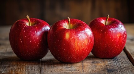 Three red apples on a rustic wooden table (1)