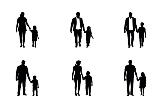 Silhouettes of parents and children walking together, symbolizing family bonds and connection.