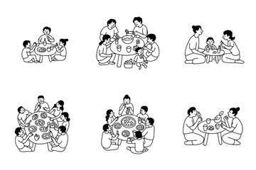 Fototapeta premium A collection of line drawings depicts various family gatherings around dining tables.