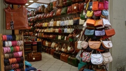 Blurred retail shop interior with shallow bokeh rows of colorful handbags on shelves and stands; background backplate template.