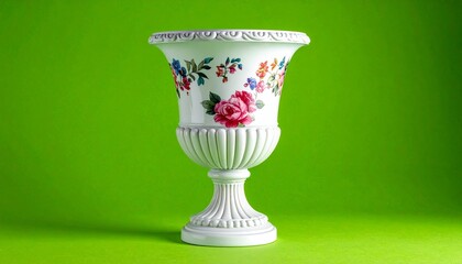 Ornate green vase with floral patterns and vibrant flower arrangement on green background for editorial interior photography decorative art design and poetic floral-themed visuals