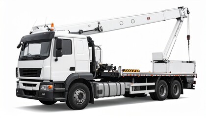 White flatbed truck with mounted telescopic crane and dual rear axles for editorial industrial photography heavy-duty equipment design and poetic utility-themed visuals