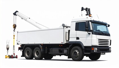 White flatbed truck with mounted telescopic crane and dual rear axles for editorial industrial photography heavy-duty equipment design and poetic utility-themed visuals