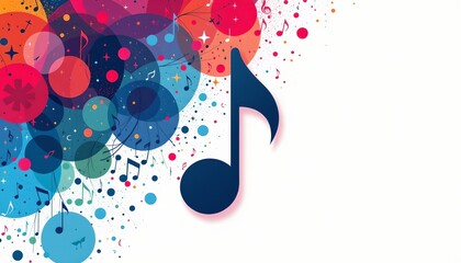 Obraz premium A vibrant abstract design with a backdrop of colorful bubbles, which creates a lively and energetic atmosphere. Overlaid atop this is a musical note in black ink, indicating the theme of music