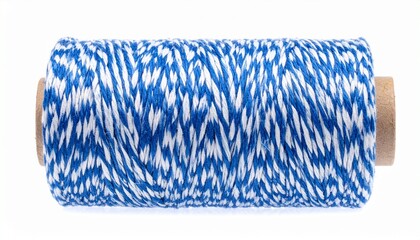 Blue and white twisted twine spool with trailing strand on white background for editorial craft photography packaging material design and poetic utility-themed visuals