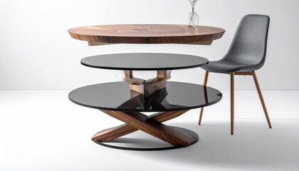 Modern multi-tiered side table with circular platforms and angled wooden legs for editorial furniture photography sculptural design and poetic utility-themed visuals