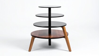 Modern multi-tiered side table with circular platforms and angled wooden legs for editorial furniture photography sculptural design and poetic utility-themed visuals
