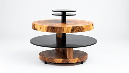 Modern multi-tiered side table with circular platforms and angled wooden legs for editorial furniture photography sculptural design and poetic utility-themed visuals
