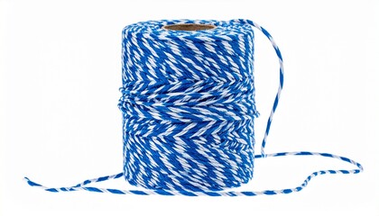 Blue and white twisted twine spool with trailing strand on white background for editorial craft photography packaging material design and poetic utility-themed visuals