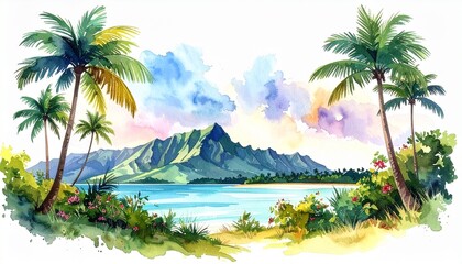 Watercolor tropical landscape with palm trees, mountain range, and colorful sky for editorial travel photography scenic nature design and poetic paradise-themed visuals