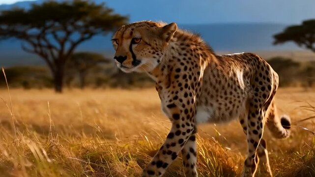 a strong cheetah pauses in the breezy African savanna, locking its intense, predatory gaze on the viewer, perfect for wildlife conservation day
