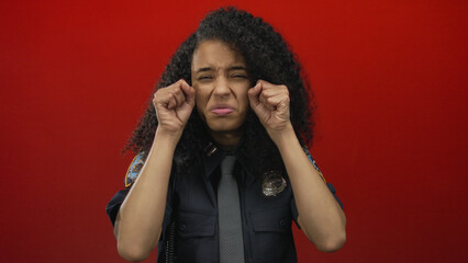 Young hispanic police officer in uniform presses fists under eyes and frowns in a studio; sadness.
