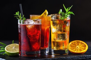 Three tall glasses of refreshing cocktails with ice garnishes and citrus fruit slices on a dark background