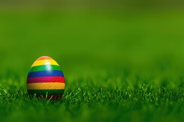 Single vibrantly colored striped Easter egg rests on lush green grass springtime concept