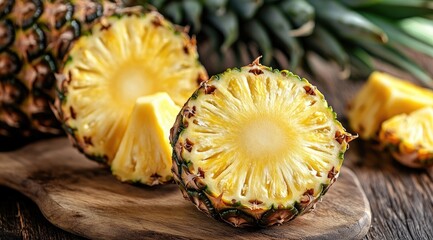 Fresh pineapple slices on a wooden board (2)