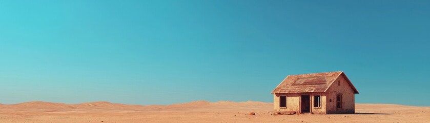 Single abandoned weathered wooden house in a vast desert landscape under a clear blue sky