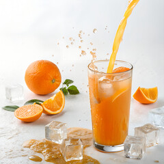 Refreshing orange juice poured into glass with ice for healthy lifestyle