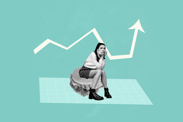 Surreal collage of person sit big hamburger with arrows on green background