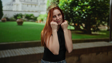 Woman wearing crown poses playfully in a lush park, her red hair contrasting with green scenery, showcasing a blend of beauty and confidence in a serene outdoor setting.