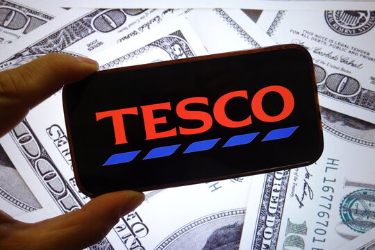 Konskie, Poland - September 28, 2025: Tesco company logo displayed on mobile phone